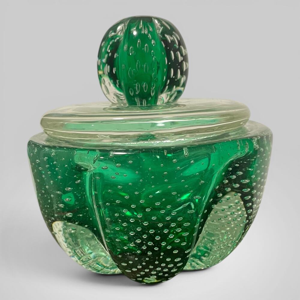 Vintage Murano Green Bullicante Art Glass Covered Candy Dish Mid Century